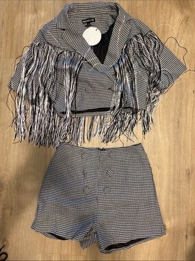 Rehab Black & White Houndstooth Fringe Crop Top with High-Waist Shorts